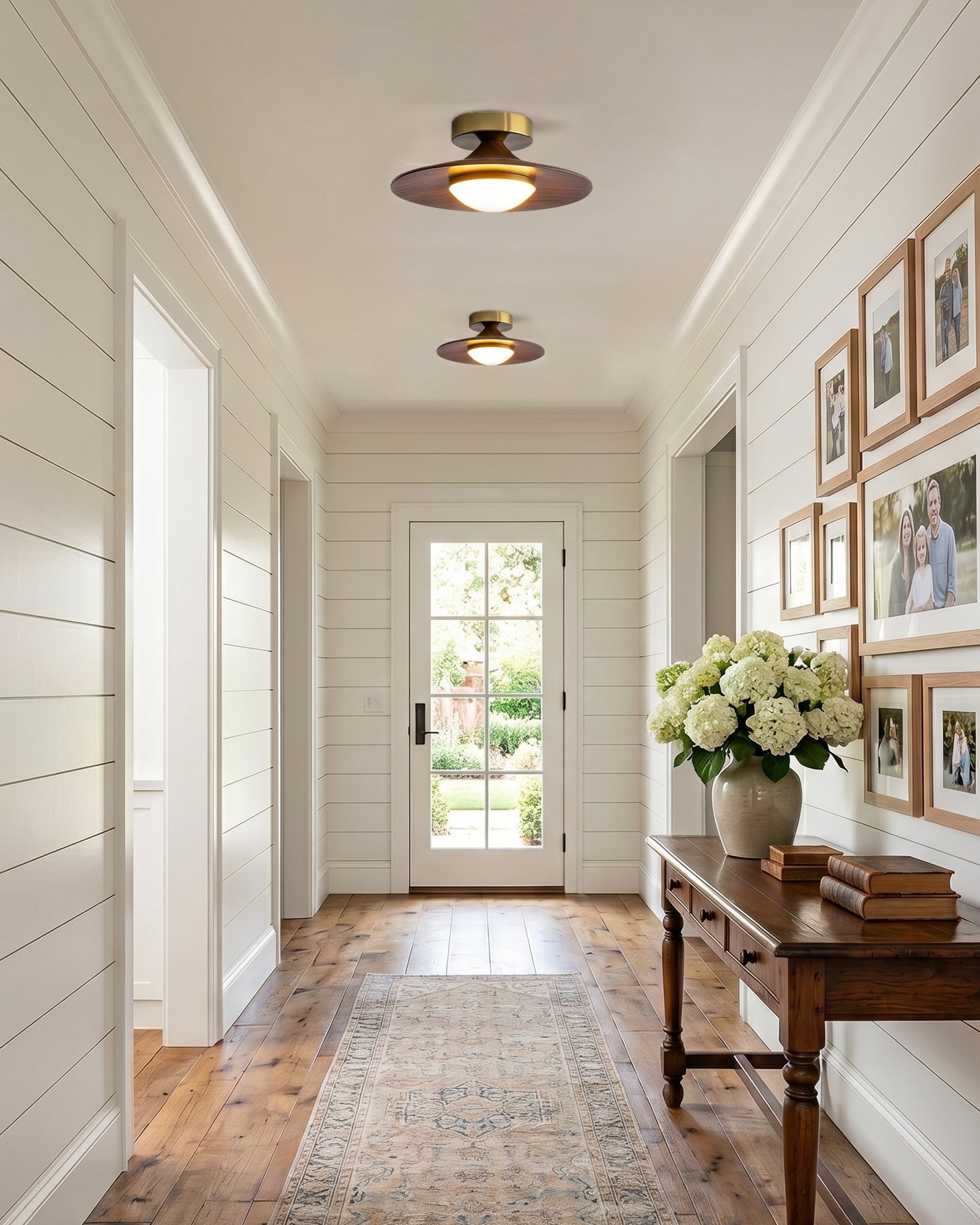 Mid-century Compact Walnut LED Flush Mount Ceiling Lamp