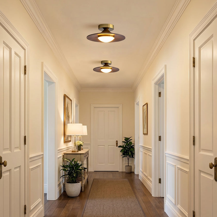 Mid-century Compact Walnut LED Flush Mount Ceiling Lamp