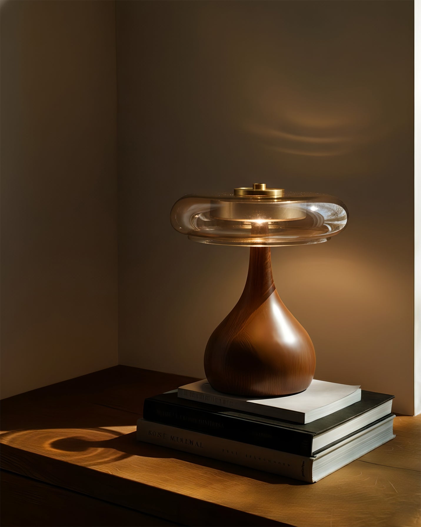 Mid-century Brass Glass Wood Table Lamp
