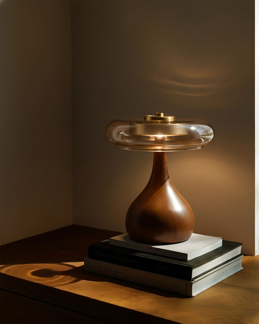 Mid-century Brass Glass Wood Table Lamp