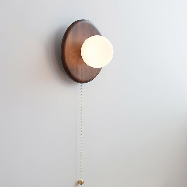 Wood & Glass Disk Wall Light with Pull Chain