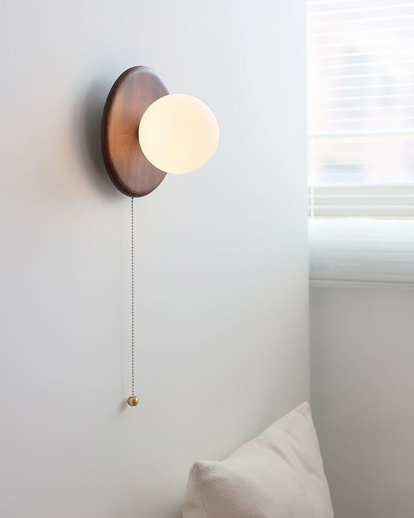Wood & Glass Disk Wall Light with Pull Chain