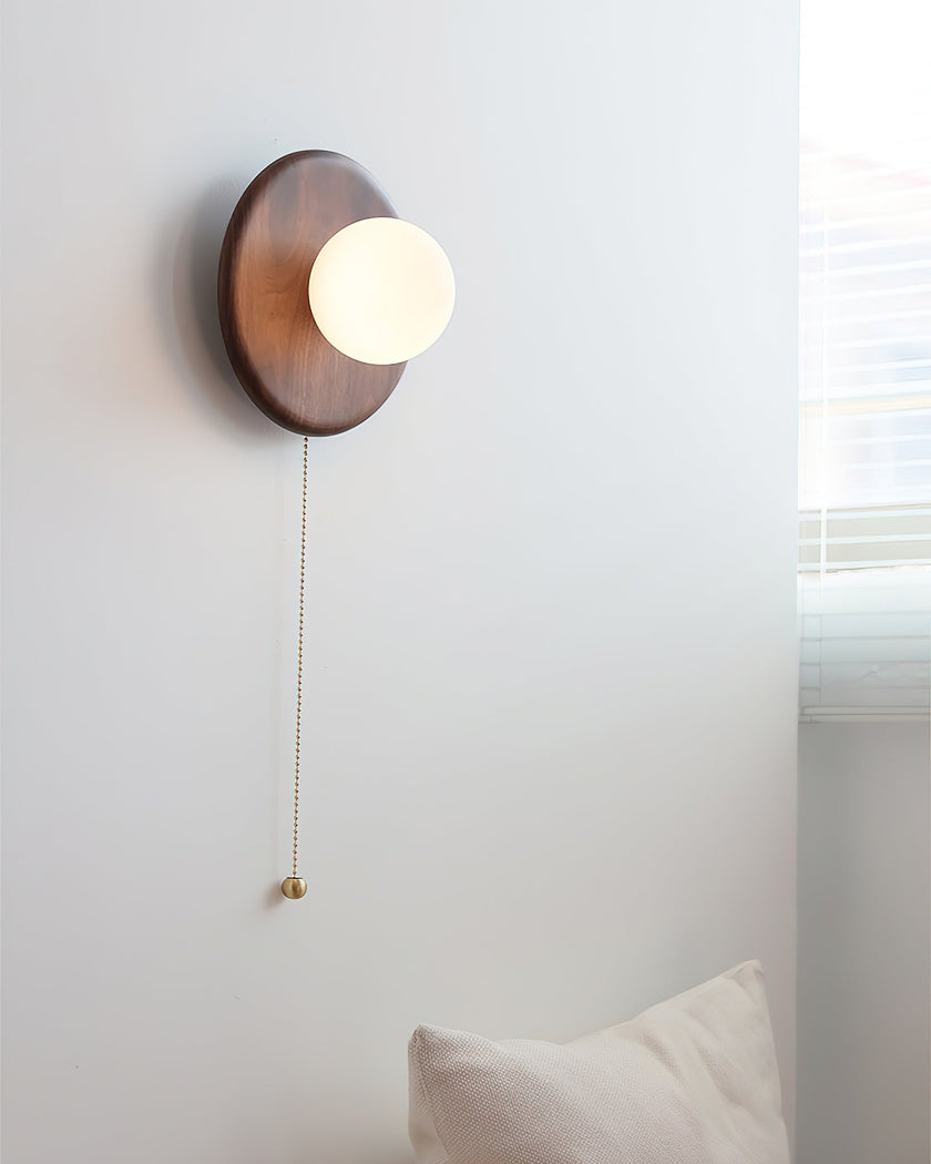 Wood & Glass Disk Wall Light with Pull Chain