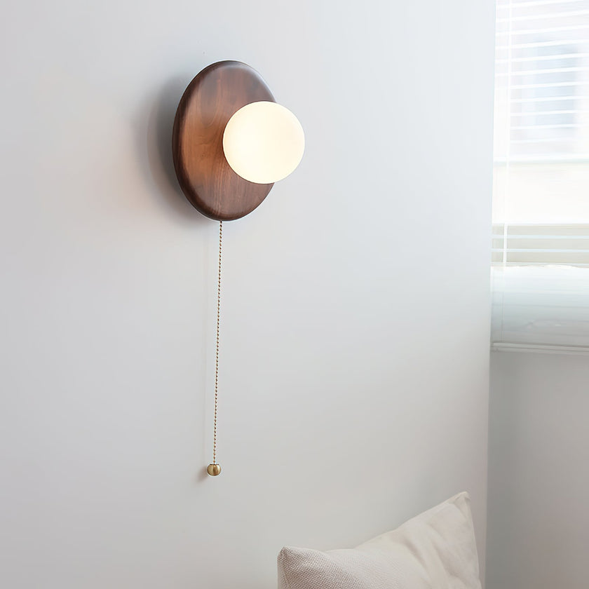 Wood & Glass Disk Wall Light with Pull Chain