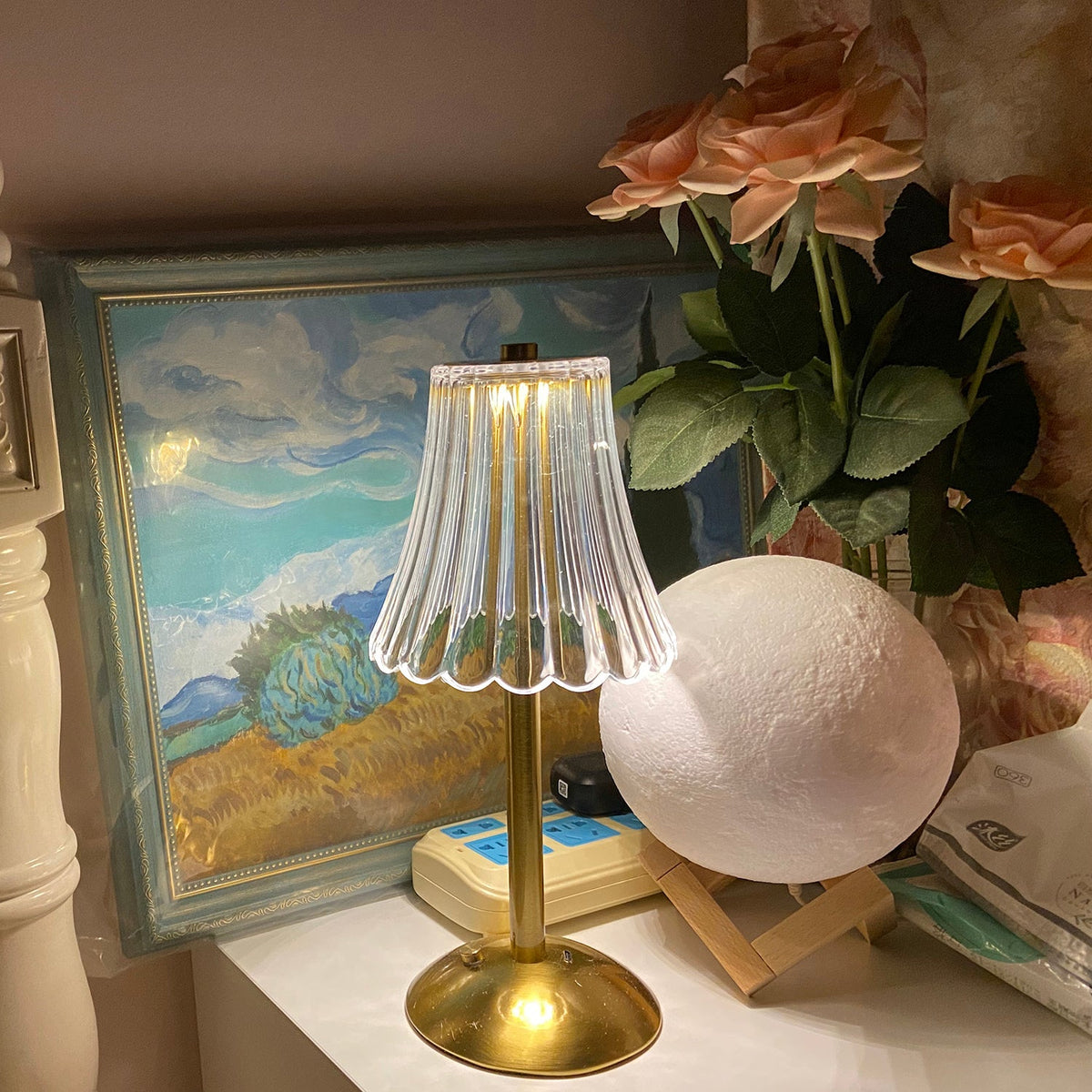 Gold Metal Faceted Cordless Table Lamp