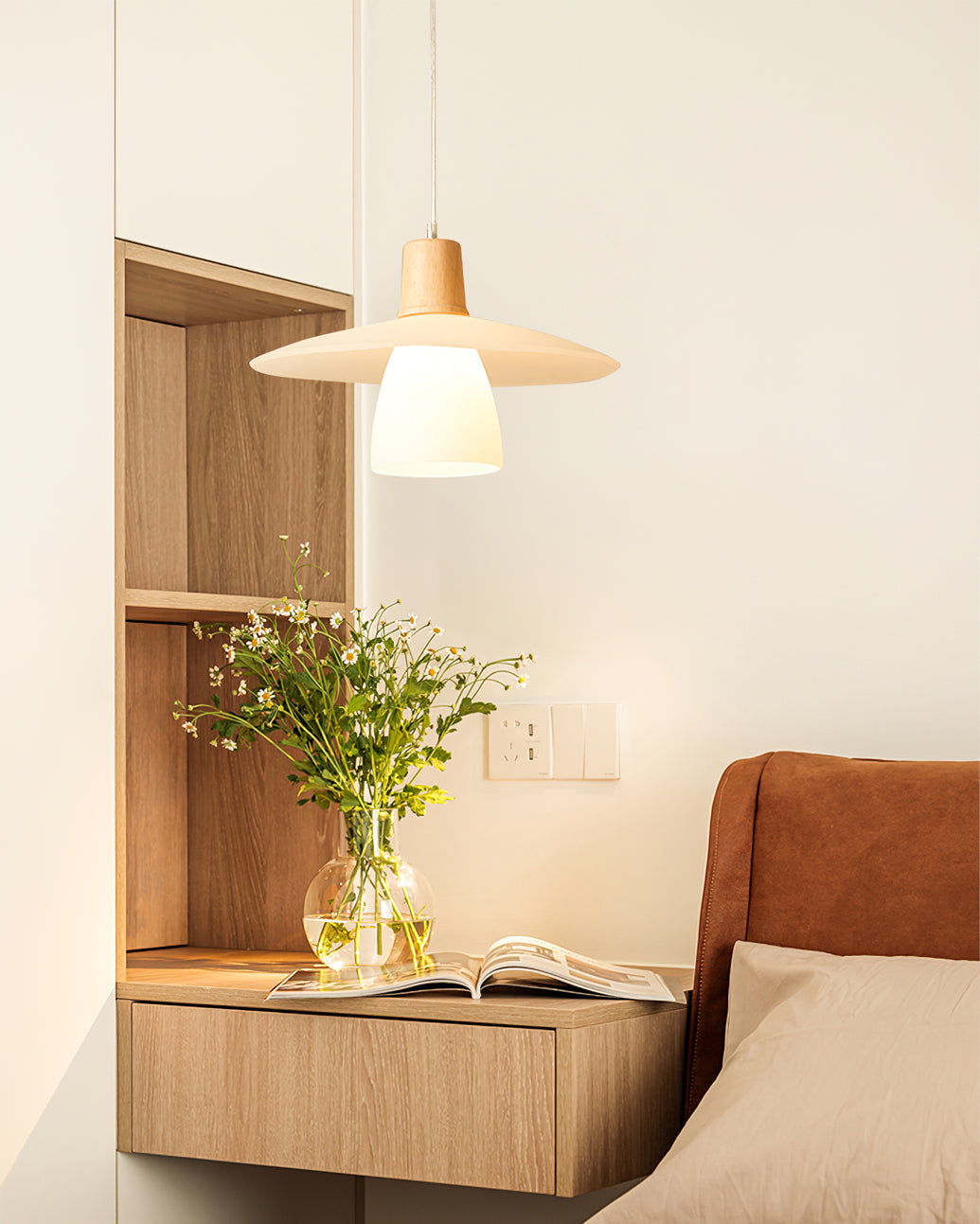 Frosted Glass Wood Rim Pendant Light