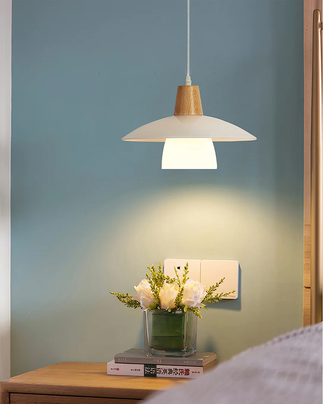 Frosted Glass Wood Rim Pendant Light