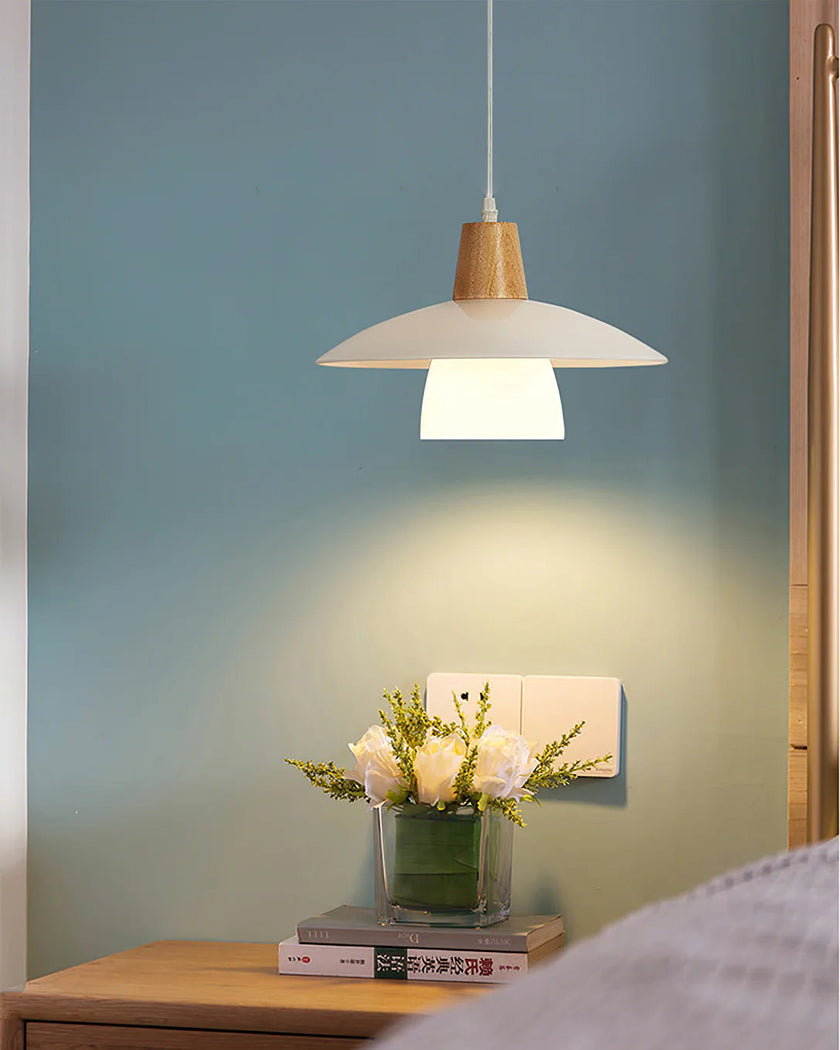 Frosted Glass Wood Rim Pendant Light