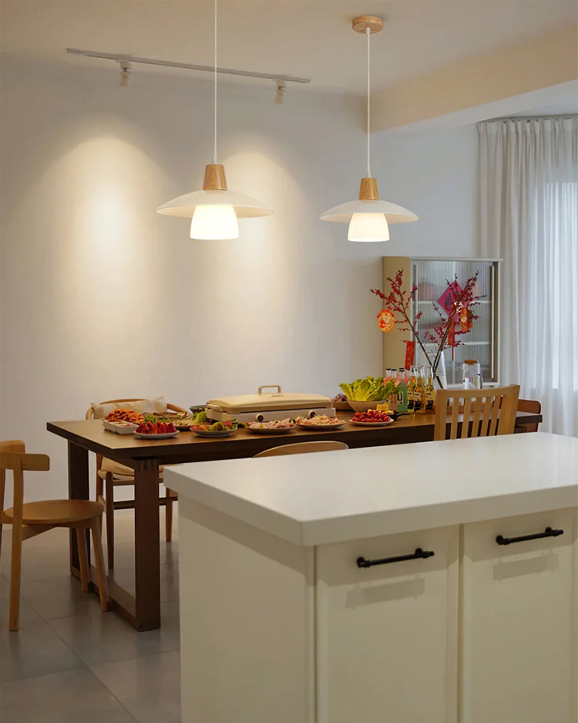 Frosted Glass Wood Rim Pendant Light