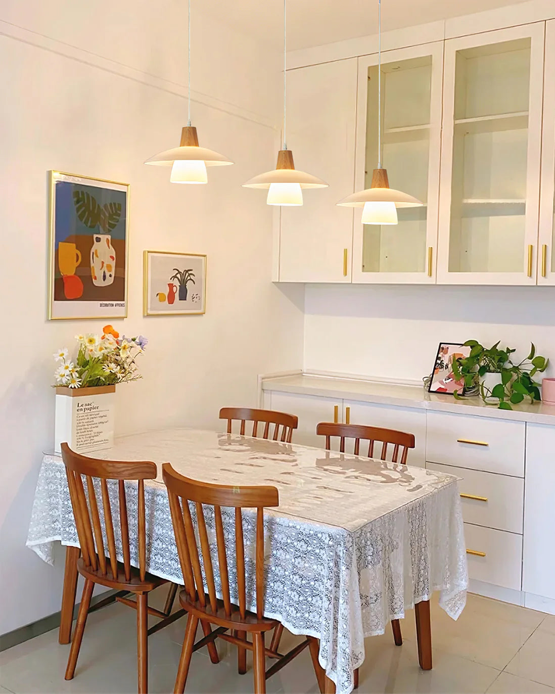Frosted Glass Wood Rim Pendant Light