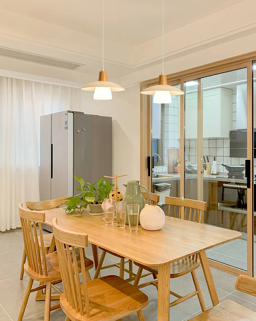Frosted Glass Wood Rim Pendant Light