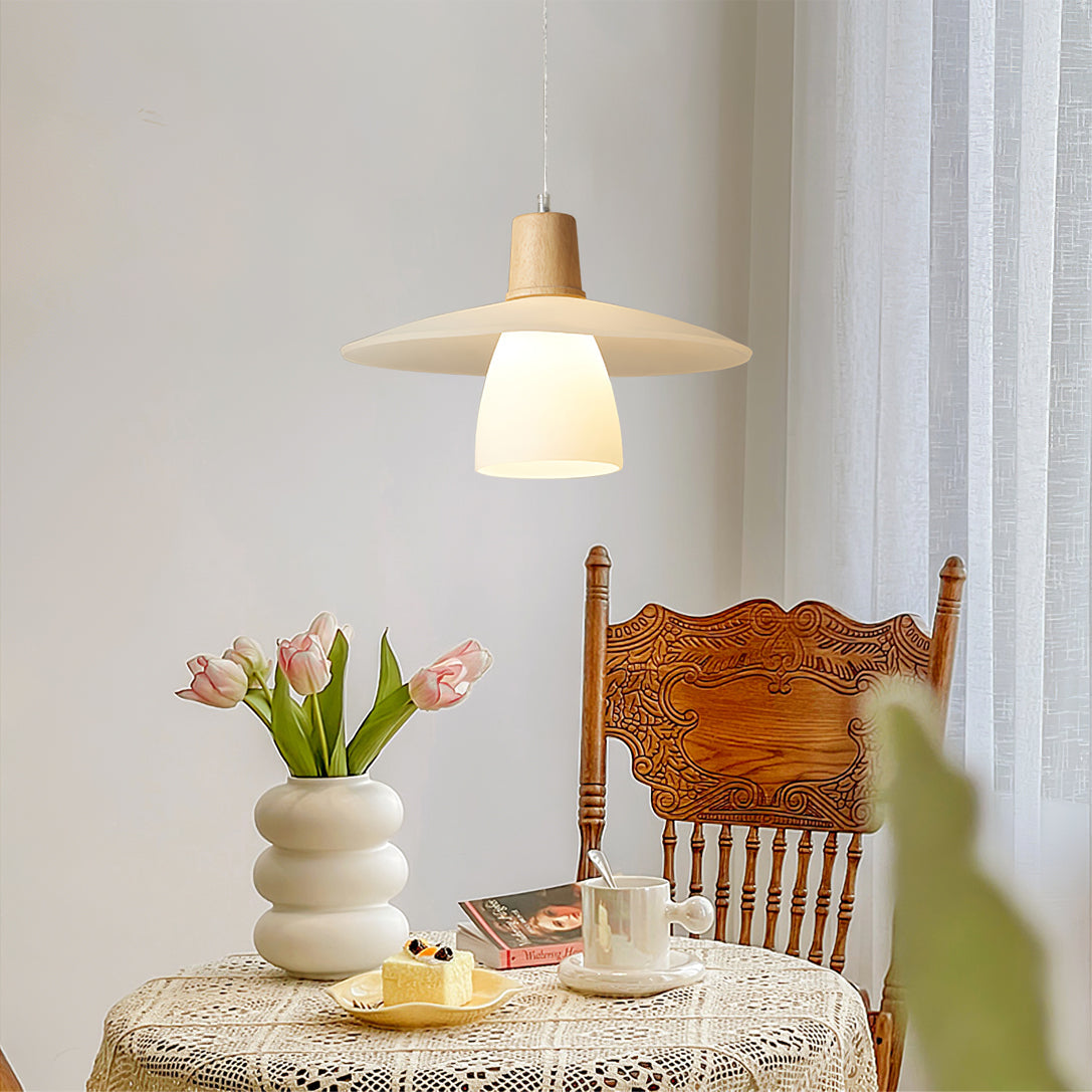 Frosted Glass Wood Rim Pendant Light