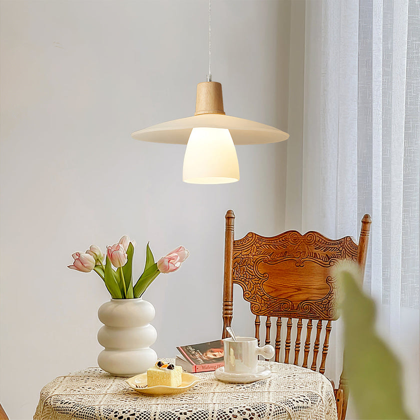 Frosted Glass Wood Rim Pendant Light
