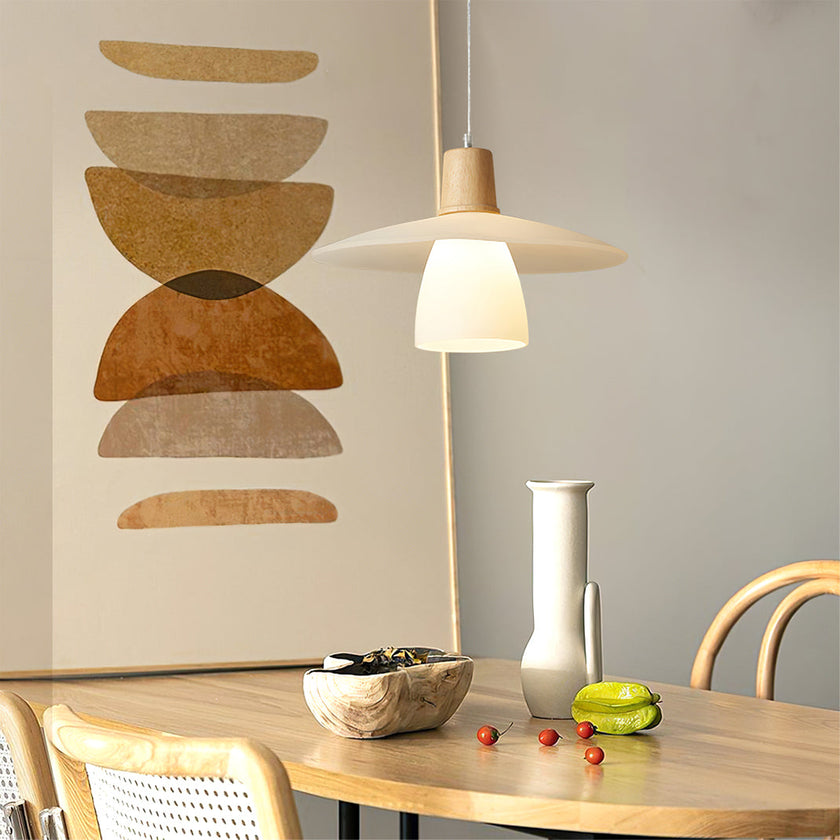 Frosted Glass Wood Rim Pendant Light