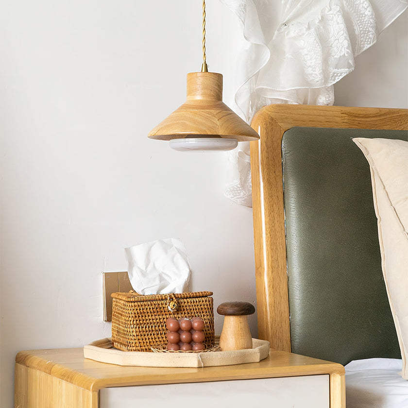 Wood Shallow Drum Pendant Light