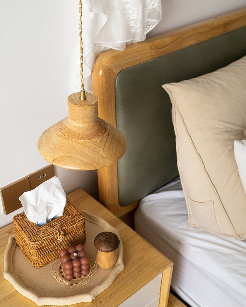Wood Shallow Drum Pendant Light