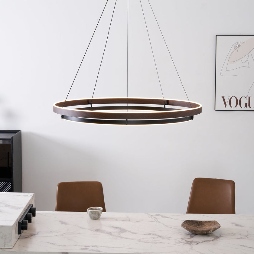 Dimmable Mid-century Double-Ring Walnut LED Chandelier