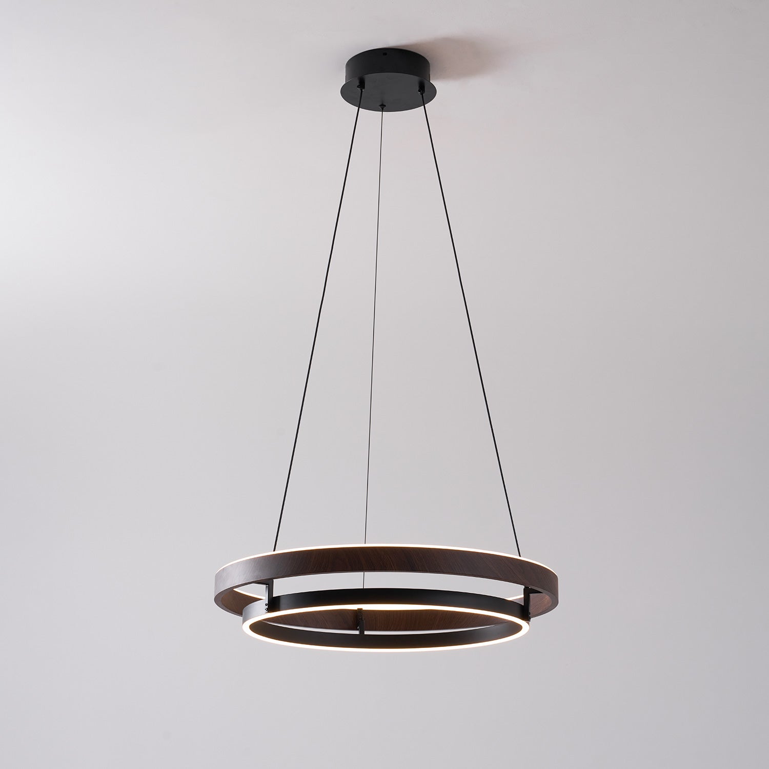 Dimmable Mid-century Double-Ring Walnut LED Chandelier