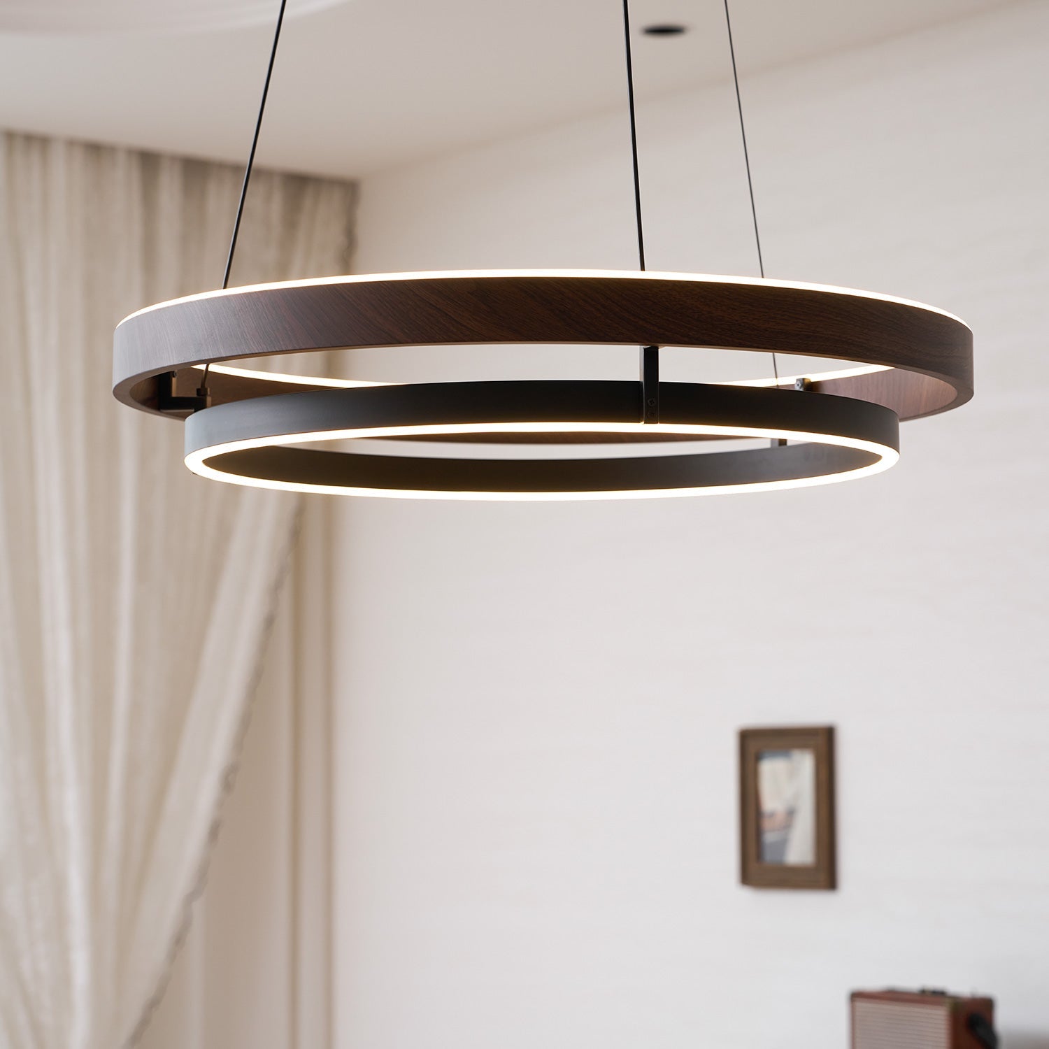 Dimmable Mid-century Double-Ring Walnut LED Chandelier