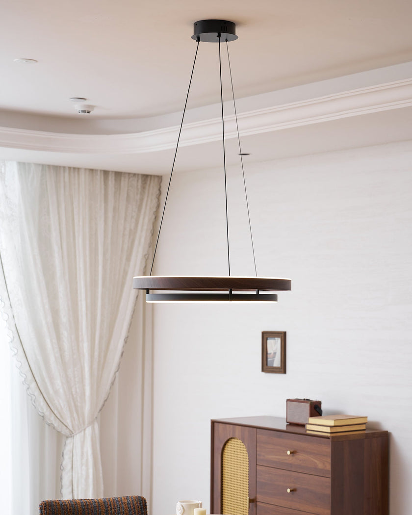 Dimmable Mid-century Double-Ring Walnut LED Chandelier