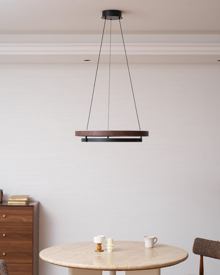 Dimmable Mid-century Double-Ring Walnut LED Chandelier