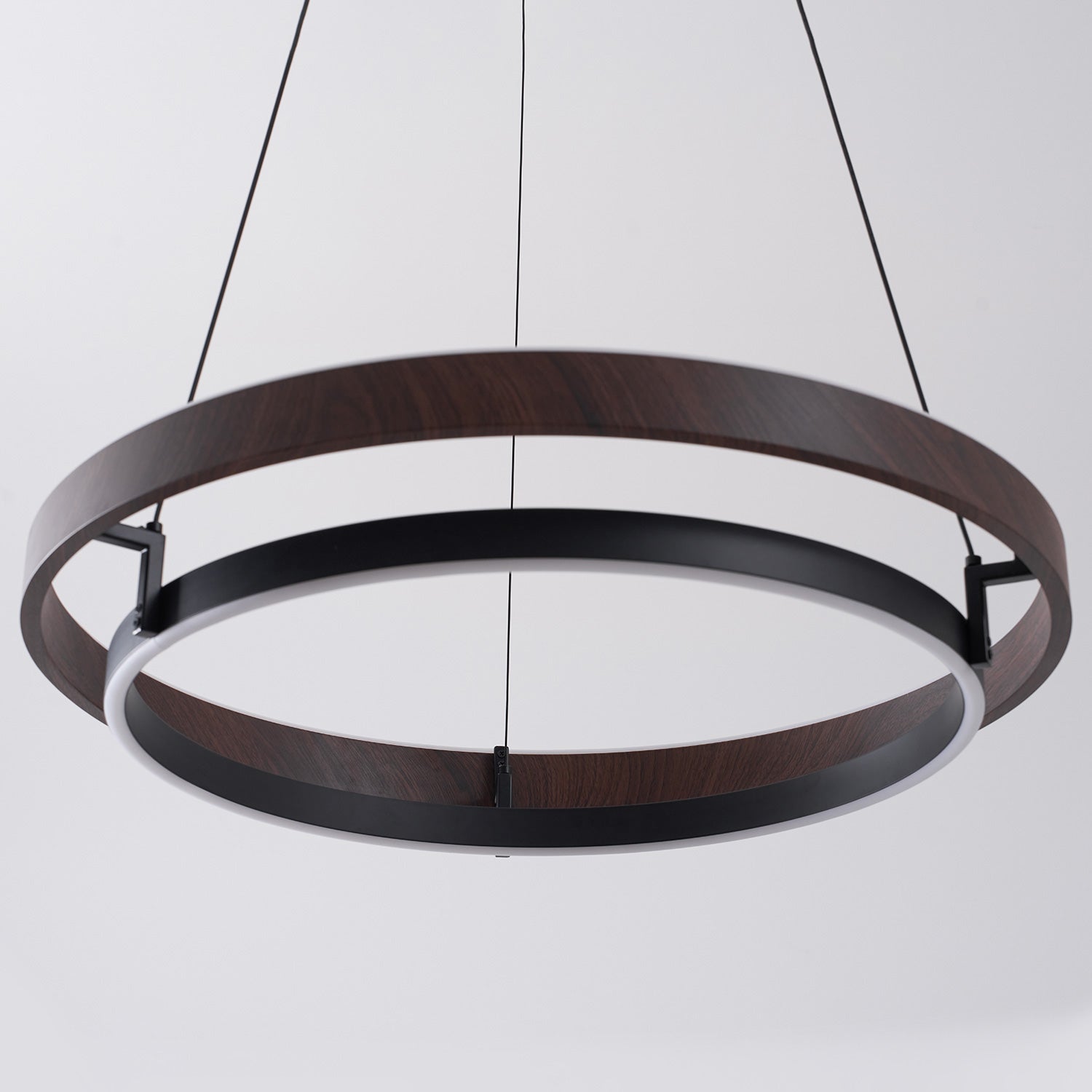 Dimmable Mid-century Double-Ring Walnut LED Chandelier