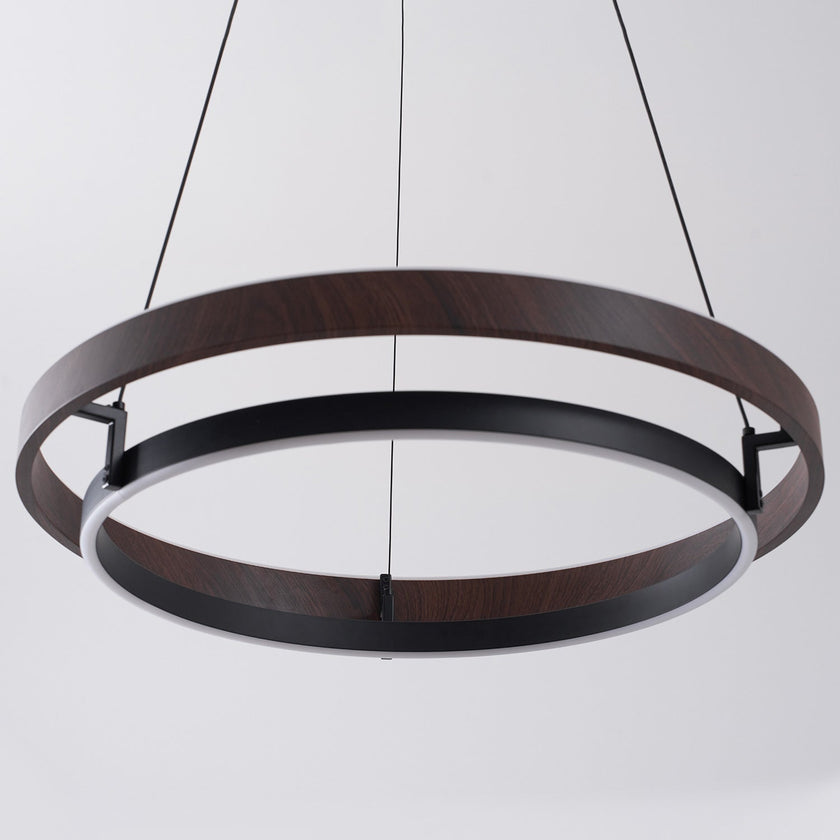 Dimmable Mid-century Double-Ring Walnut LED Chandelier