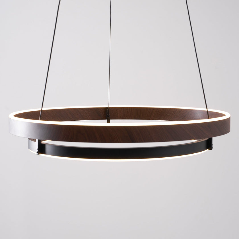 Dimmable Mid-century Double-Ring Walnut LED Chandelier