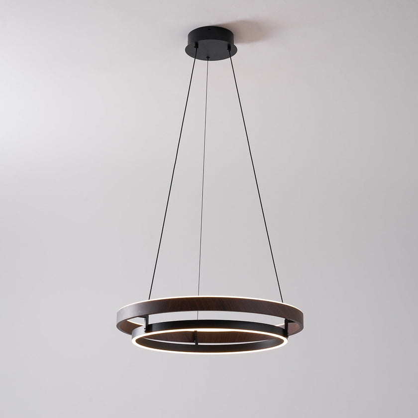 Dimmable Mid-century Double-Ring Walnut LED Chandelier