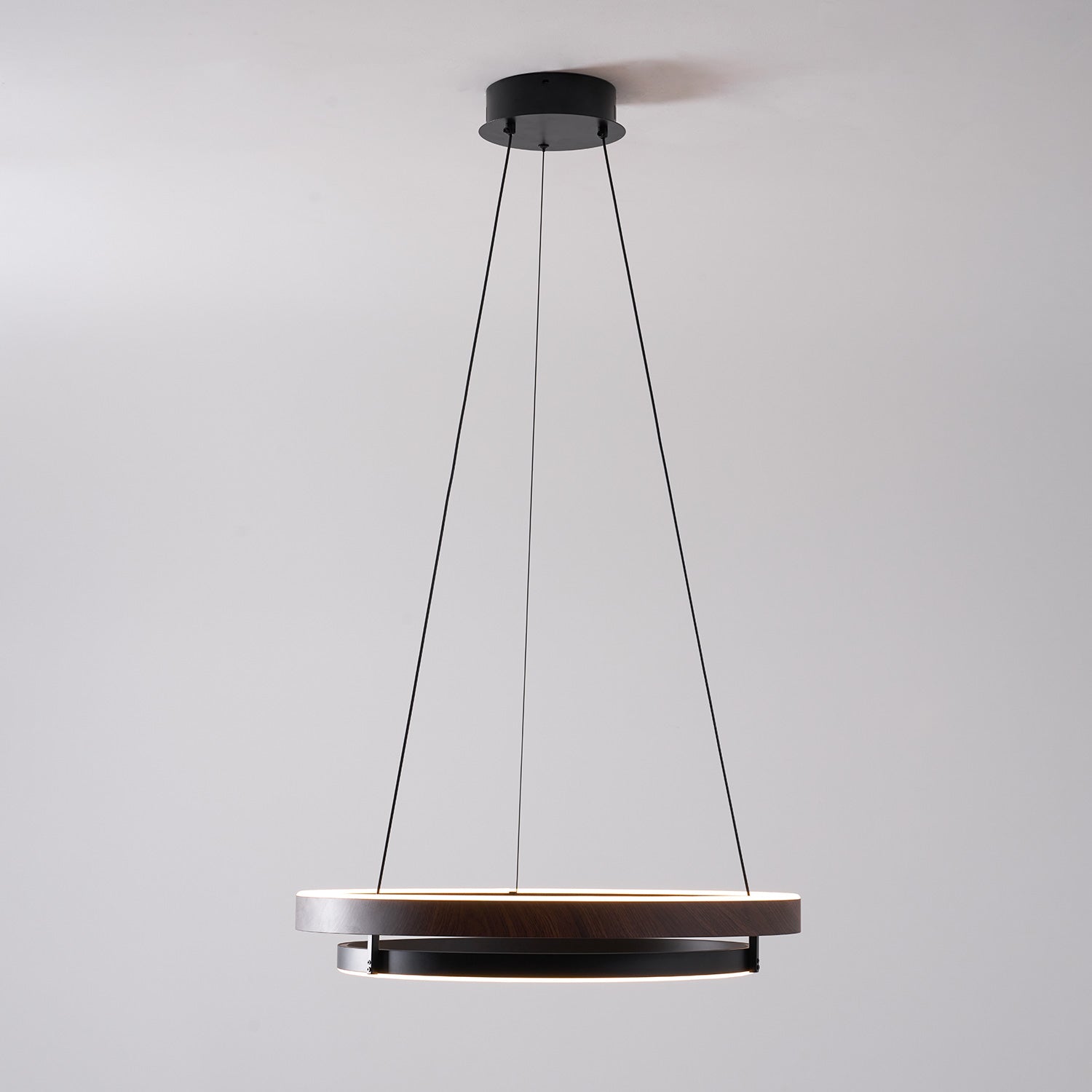 Dimmable Mid-century Double-Ring Walnut LED Chandelier