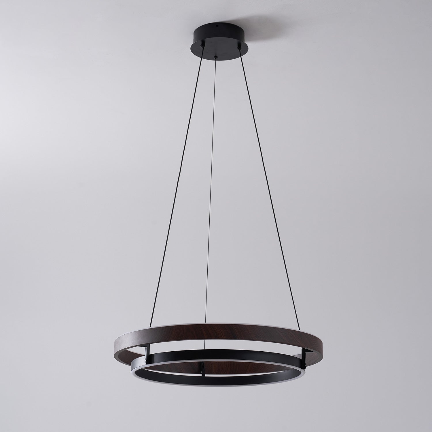 Dimmable Mid-century Double-Ring Walnut LED Chandelier