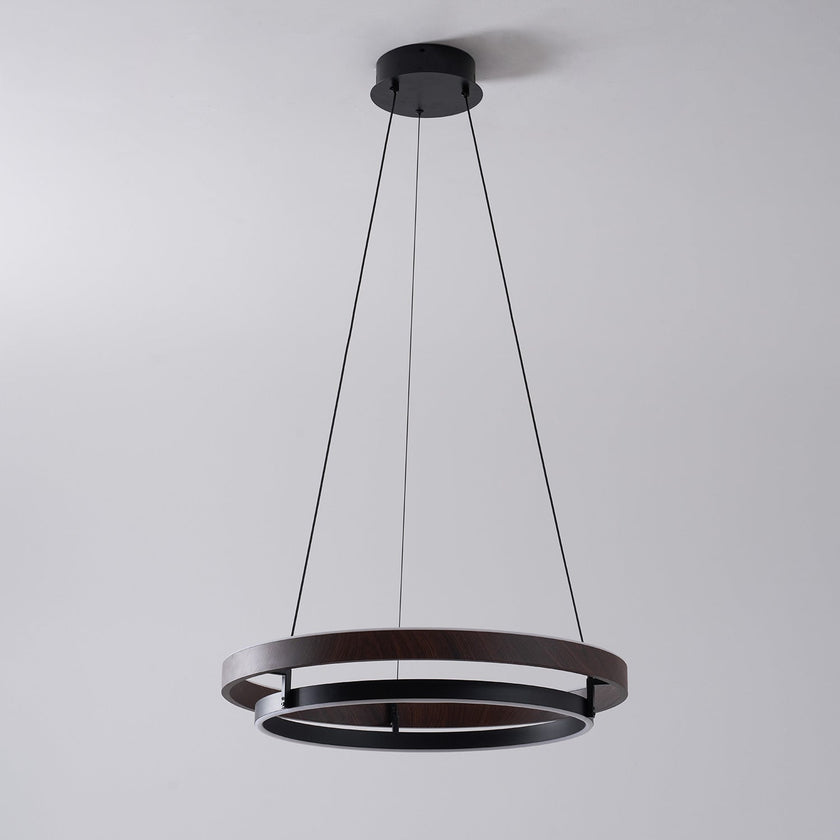 Dimmable Mid-century Double-Ring Walnut LED Chandelier