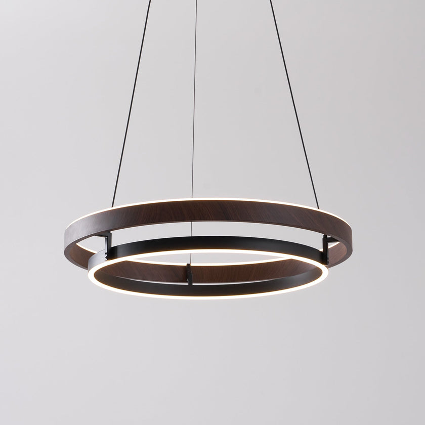 Dimmable Mid-century Double-Ring Walnut LED Chandelier