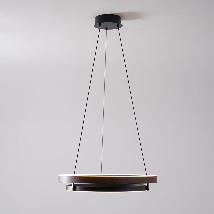 Dimmable Mid-century Double-Ring Walnut LED Chandelier