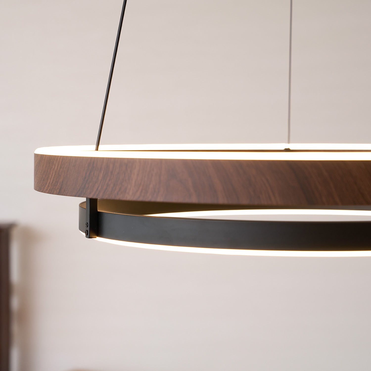 Dimmable Mid-century Double-Ring Walnut LED Chandelier