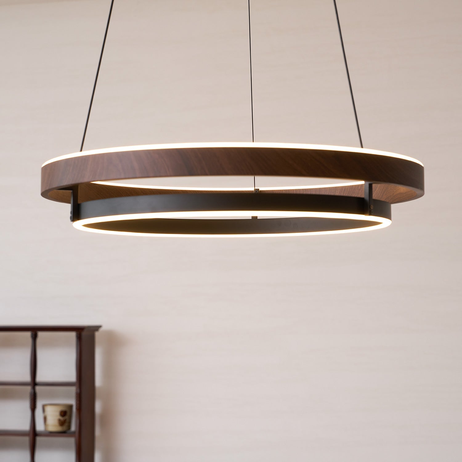 Dimmable Mid-century Double-Ring Walnut LED Chandelier