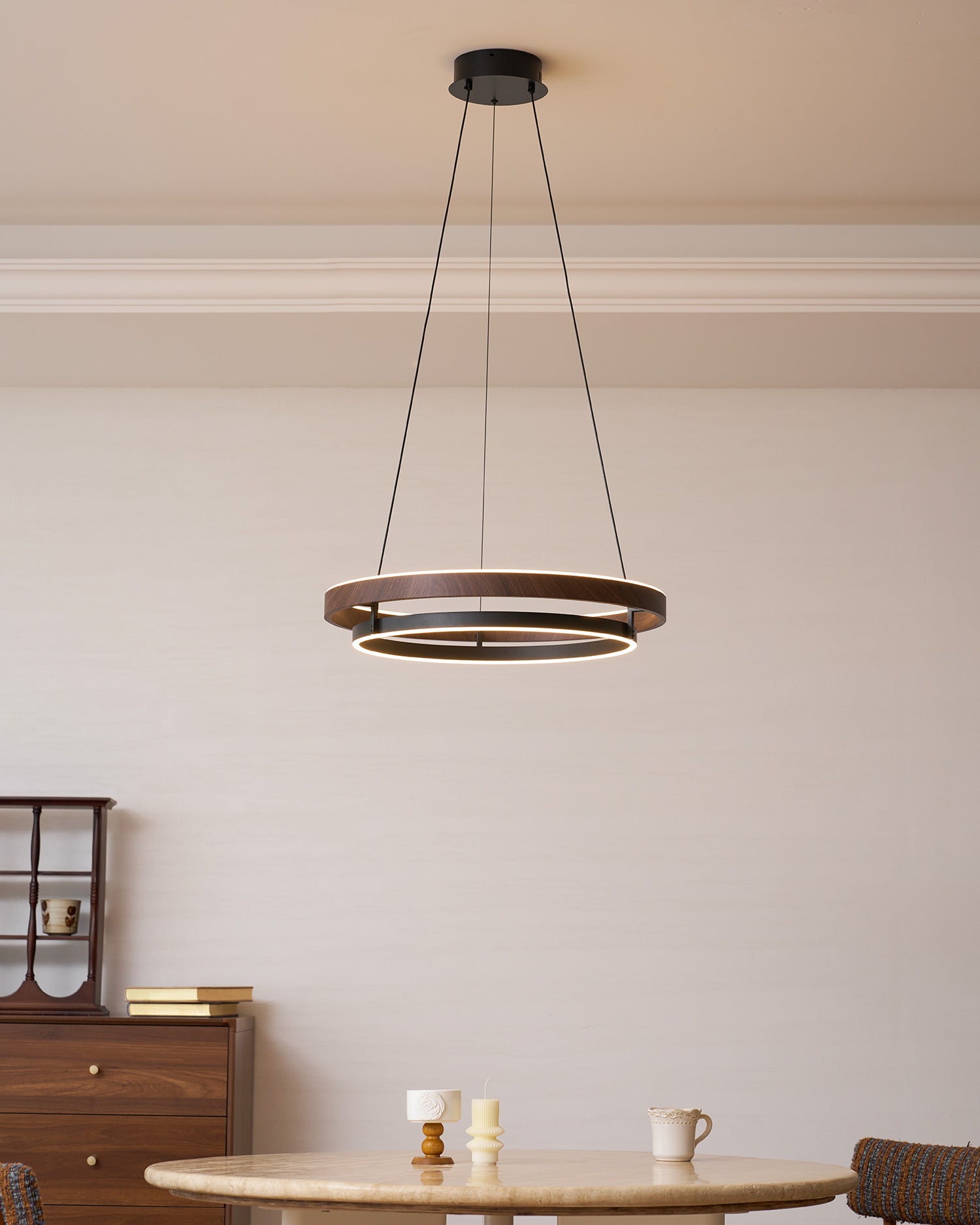 Dimmable Mid-century Double-Ring Walnut LED Chandelier