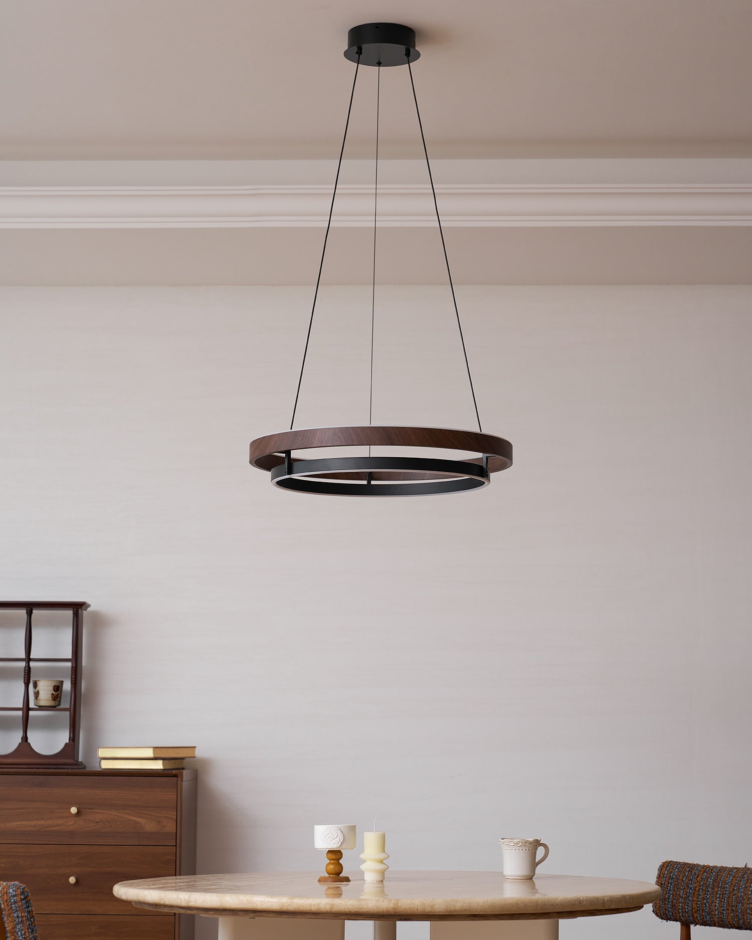 Dimmable Mid-century Double-Ring Walnut LED Chandelier