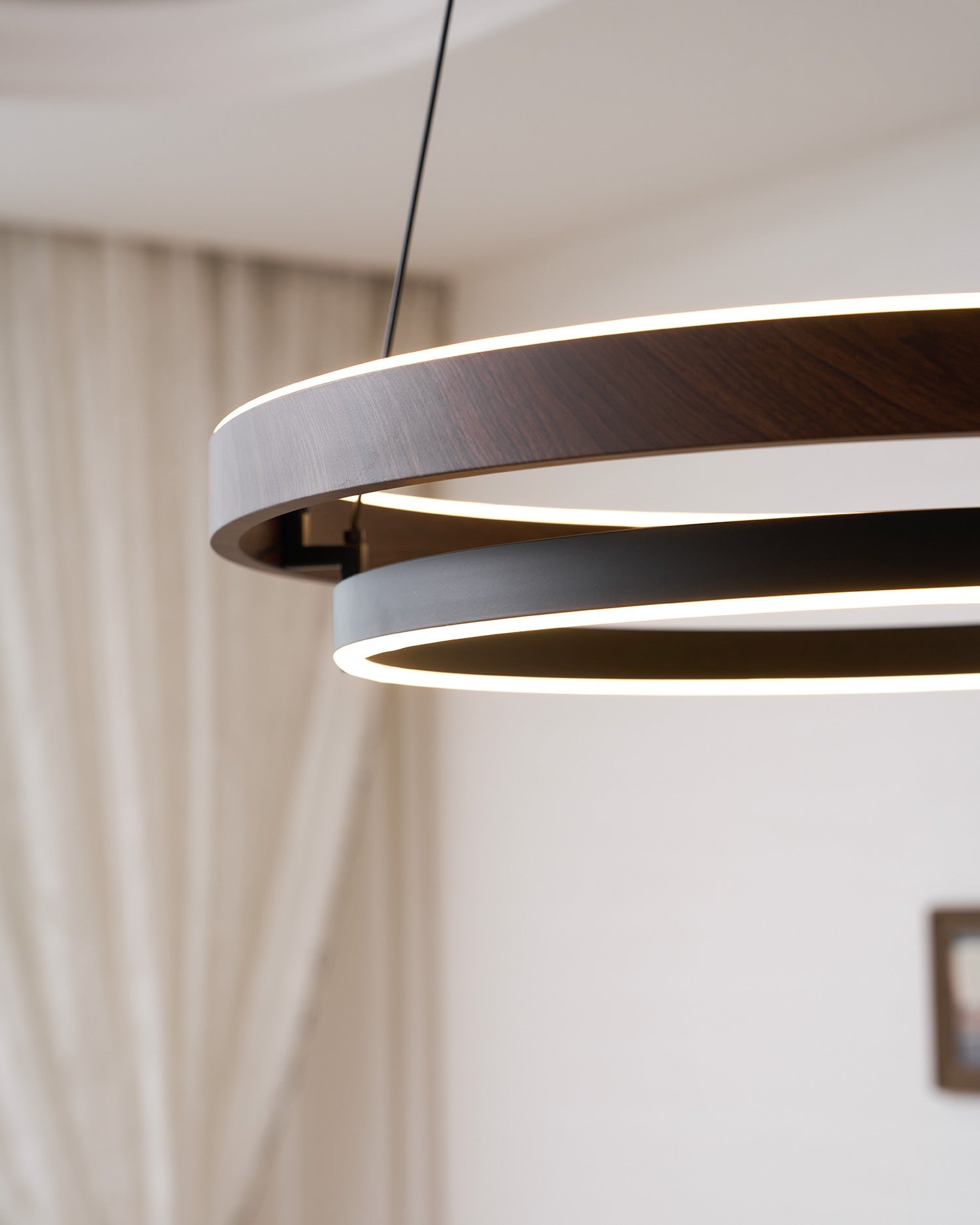 Dimmable Mid-century Double-Ring Walnut LED Chandelier