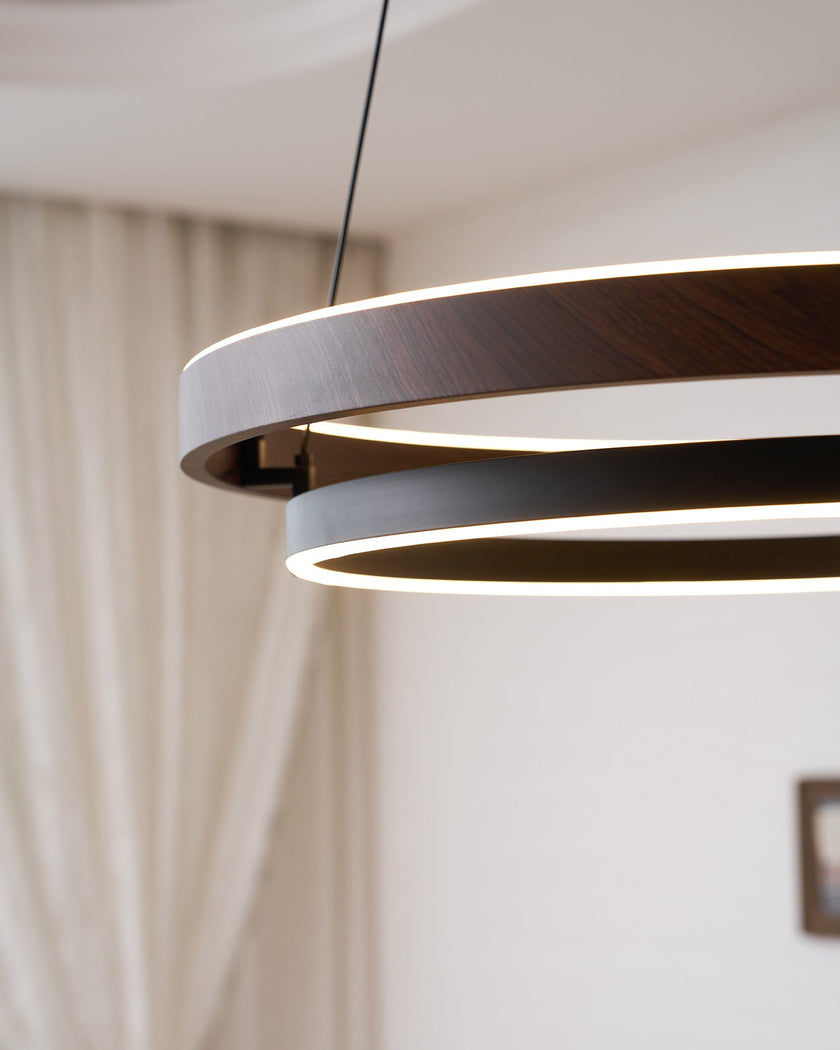 Dimmable Mid-century Double-Ring Walnut LED Chandelier