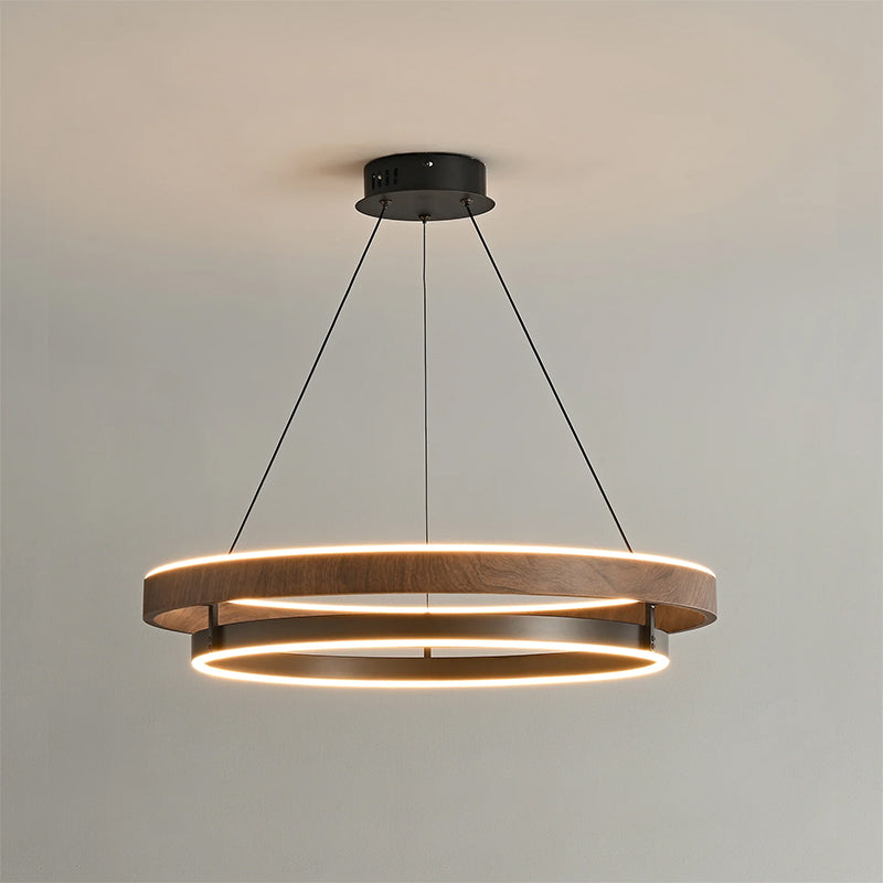 Dimmable Mid-century Double-Ring Walnut LED Chandelier