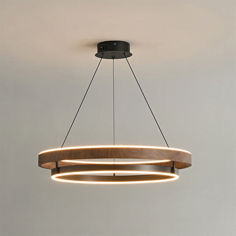 Dimmable Mid-century Double-Ring Walnut LED Chandelier