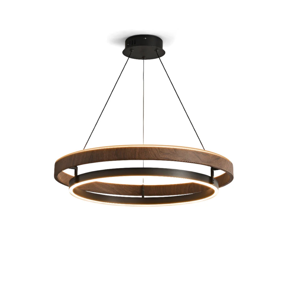 Dimmable Mid-century Double-Ring Walnut LED Chandelier