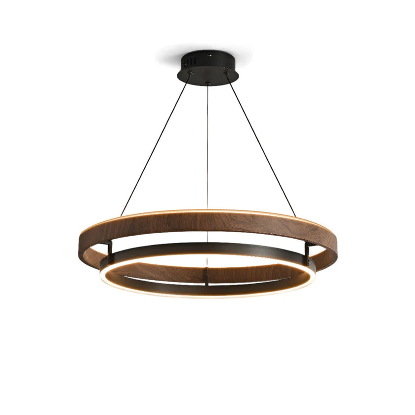 Dimmable Mid-century Double-Ring Walnut LED Chandelier