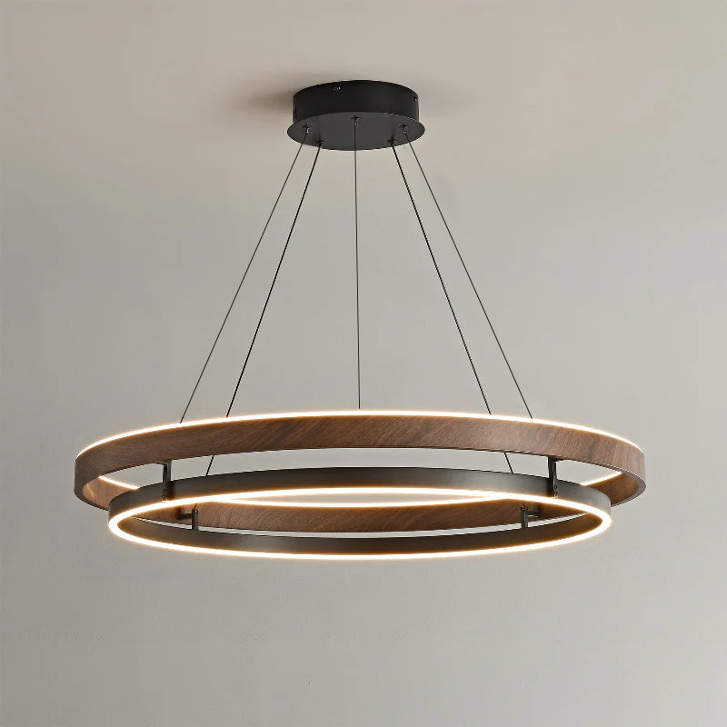 Dimmable Mid-century Double-Ring Walnut LED Chandelier