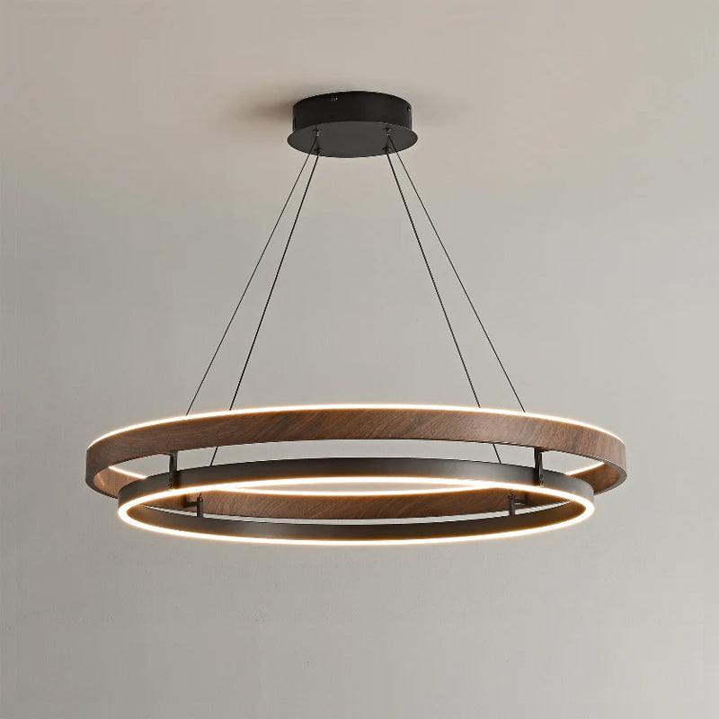 Dimmable Mid-century Double-Ring Walnut LED Chandelier