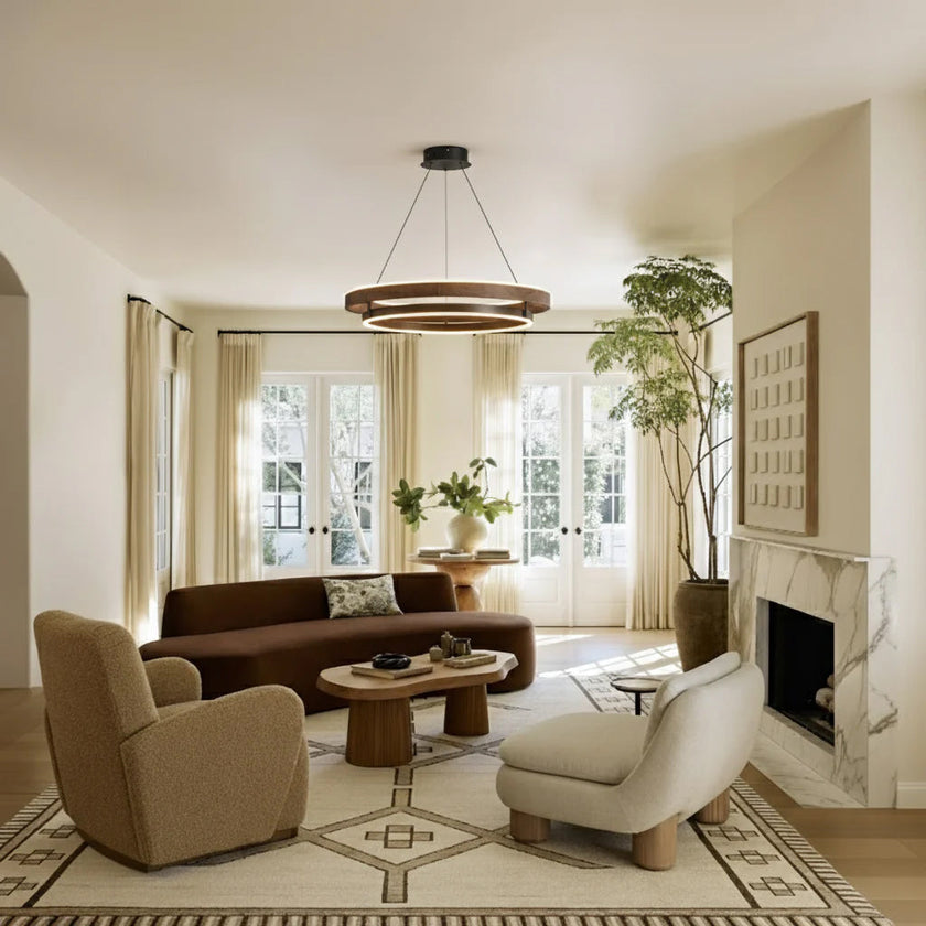 Dimmable Mid-century Double-Ring Walnut LED Chandelier