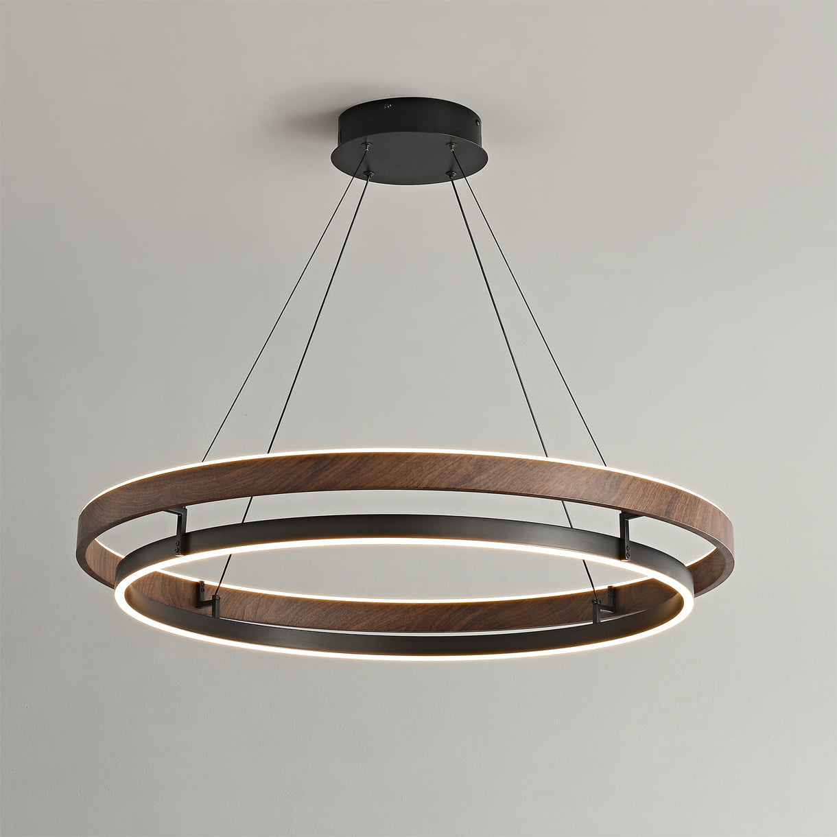 Dimmable Mid-century Double-Ring Walnut LED Chandelier
