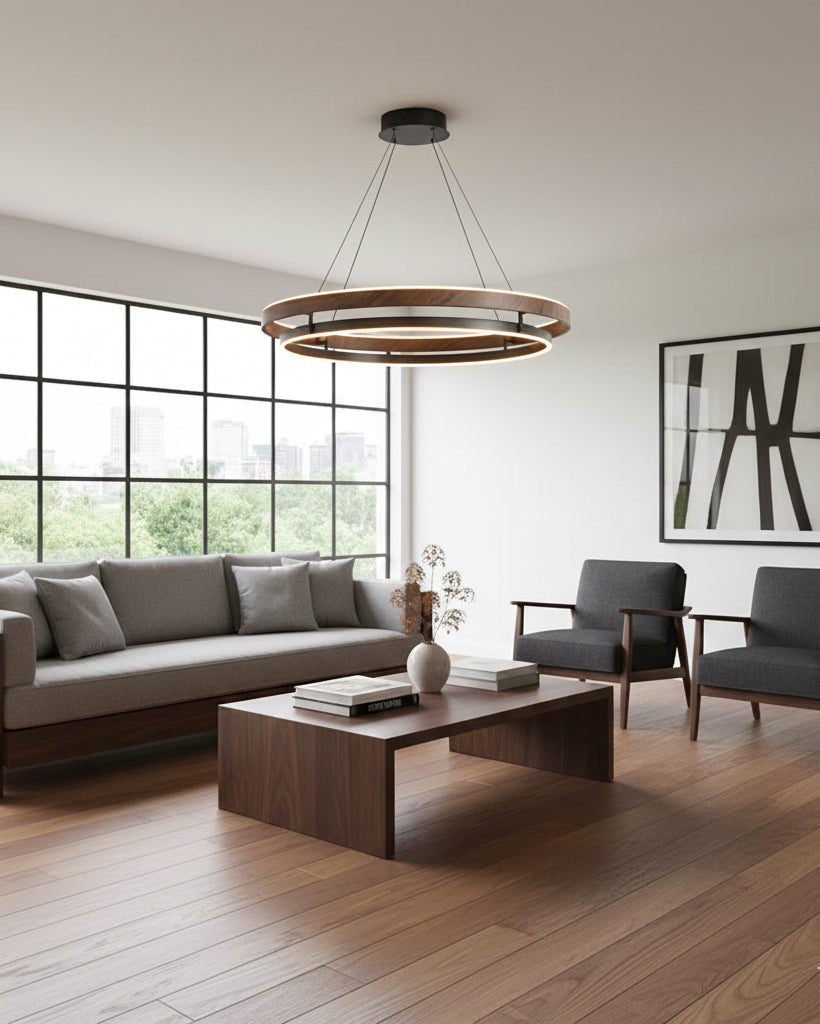 Dimmable Mid-century Double-Ring Walnut LED Chandelier