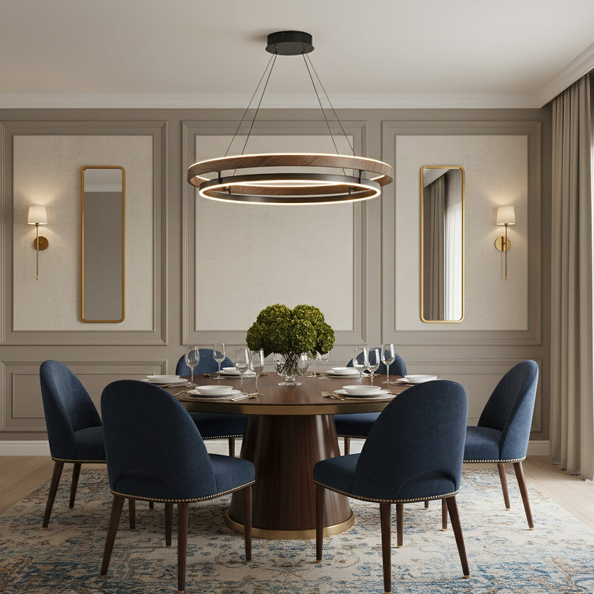 Dimmable Mid-century Double-Ring Walnut LED Chandelier